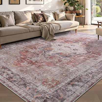 YOH Boho Washable Rug 4x6, Rust Red Vintage Non Slip Area Rug, Distressed Indoor Carpet for Living Room Bedroom Kitchen Office