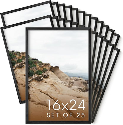 HAUS AND HUES 16x24 Black Metal Picture Frames - Features Premium Aluminum, Vertical & Horizontal Hang, Shatterproof Plexiglass - Ideal for Home, Room, Office (16x24 in, Black, Set of 25)