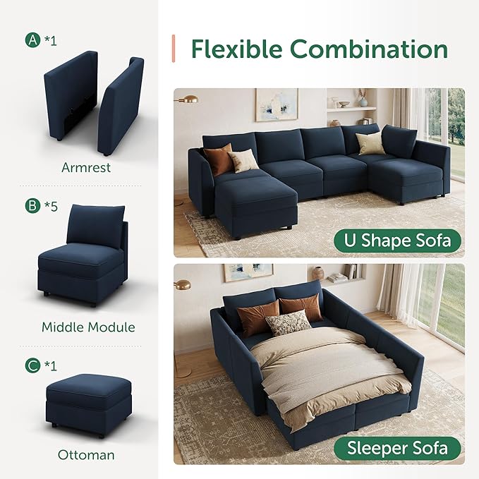 HONBAY Modular Sectional Sleeper Sofa Velvet Sectional Sleeper Couch with Storage Sleeper Sofa Couch for Living Room,Dark Blue