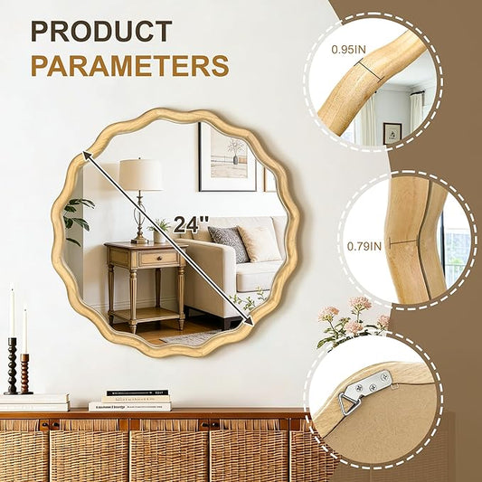 AMOISE Scalloped Round Mirror 24", Boho Wavy Wooden Frame Wall Mirror, Shatterproof Circle Accent Mirror for Bathroom, Bedroom, Entryway and Living Room