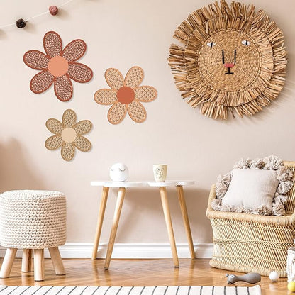 Maitys 3 Pieces Boho Daisy Wall Decor Natural Rattan Flower Wall Hanging Art Wooden Boho Art Nursery Flowers Farmhouse Hanging Decor for Home Office Nursery(Fresh Color)