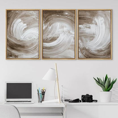 SIGNLEADER Framed Canvas Print Wall Art Set Warm Brown and White Swirl Abstract Illustrations Minimal Decorative Bohemian Nordic for Living Room, Bedroom, Office - 16"x24"x3 NATURAL