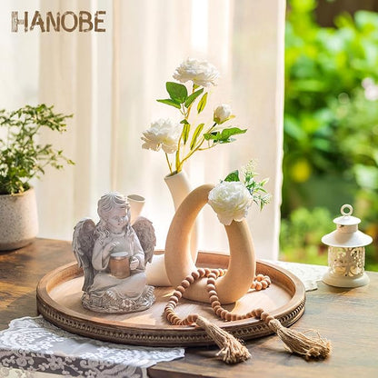 Hanobe Large Round Decorative Tray: Farmhouse Neutral Coffee Table Decor Wood Beaded Trays Vintage Ottoman for Home Counter Living Room