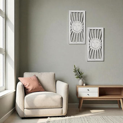 Wood Wall Art - Wall Panels in Handcrafted Carved Wood For Livingroom Bedroom,Dining room,Elegant Decorative Wall Art for Home & Office 8x16" Set of 2 White Antique_Sun Burst Designs