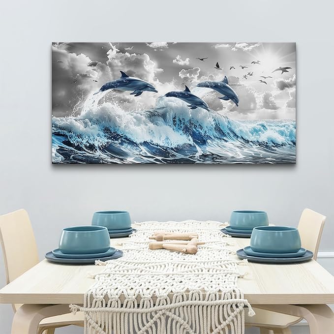 Wapluam Framed Canvas Wall Decoration For Living Room Large Wall Art For Bedroom Blue Waves Of The Sea Wall Pictures Artwork Fashion Office Canvas Art Prints Dolphins Seascape Paintings Home Decor
