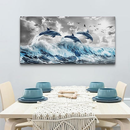 Wapluam Framed Canvas Wall Decoration For Living Room Large Wall Art For Bedroom Blue Waves Of The Sea Wall Pictures Artwork Fashion Office Canvas Art Prints Dolphins Seascape Paintings Home Decor