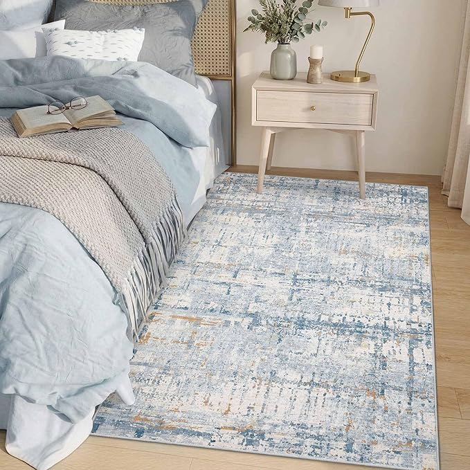 Rugxara 3x5 Washable Entryway Rug, Non Slip Boho Runner Rugs for Hallway, Entrance, Kitchen, Bathroom, Laundry Room, Soft Entryway Carpet, Throw Low Pile Retro Imitation Wool Carpet, Blue Beige