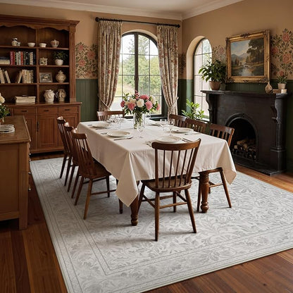 Lahome Bird Washable Rugs 8x10, Soft Beige Rugs for Living Room Bedroom, Botanical Non-Slip Ultra-Thin Large Vintage Throw Carpet for Dining Room Office, Beige
