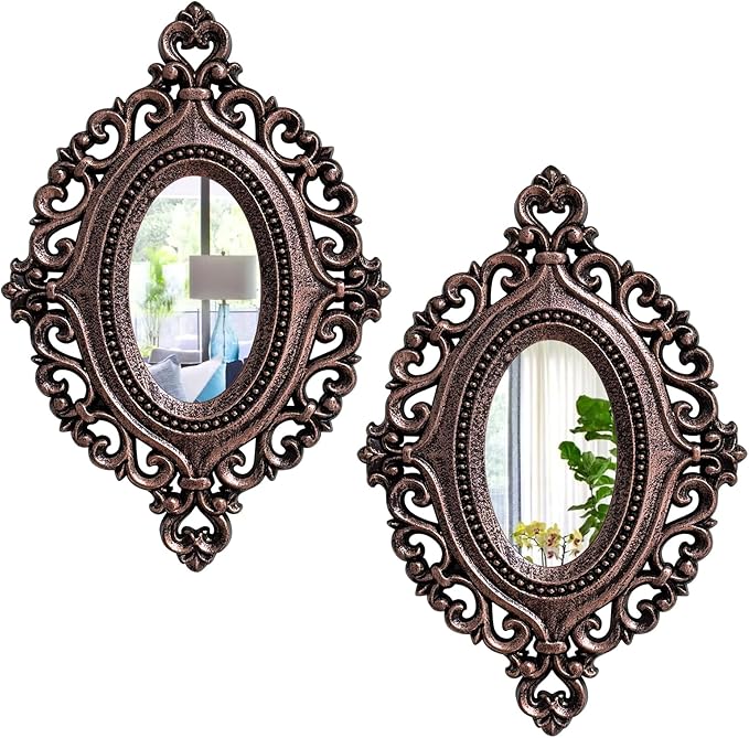 2 Set Oval Wood Carved Wall Mirror Baroque 3D Relief Rustic Home Decor Small Decorative Hanging Mirrors for Living Room, Bedroom Entrance Wall Sculpture