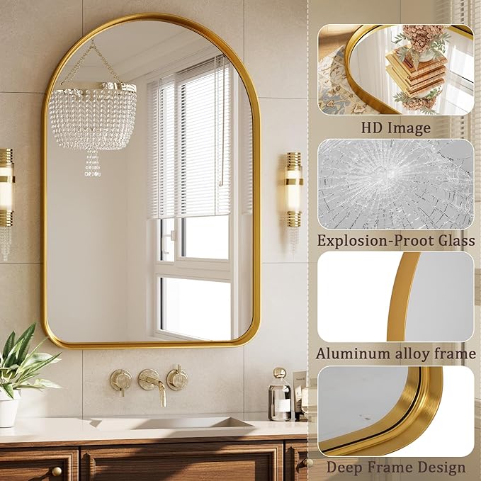 Arched Bathroom Mirror - 36x24 Inch Gold Bathroom Mirror for Wall - Aluminum Alloy Framed Mirror - Arched Top Bathroom Vanity Mirror for Living Room, Bedroom, Mantel, Entryway, and Hallways