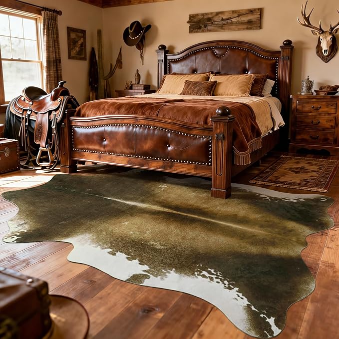 Oversized Washable Non Slip Cowhide Rug 8x10 Brindle and White, Large Faux Animal Skin Area Rugs for Living Room, Western Rustic Cottagecore Home Decor Carpet TPR Backing