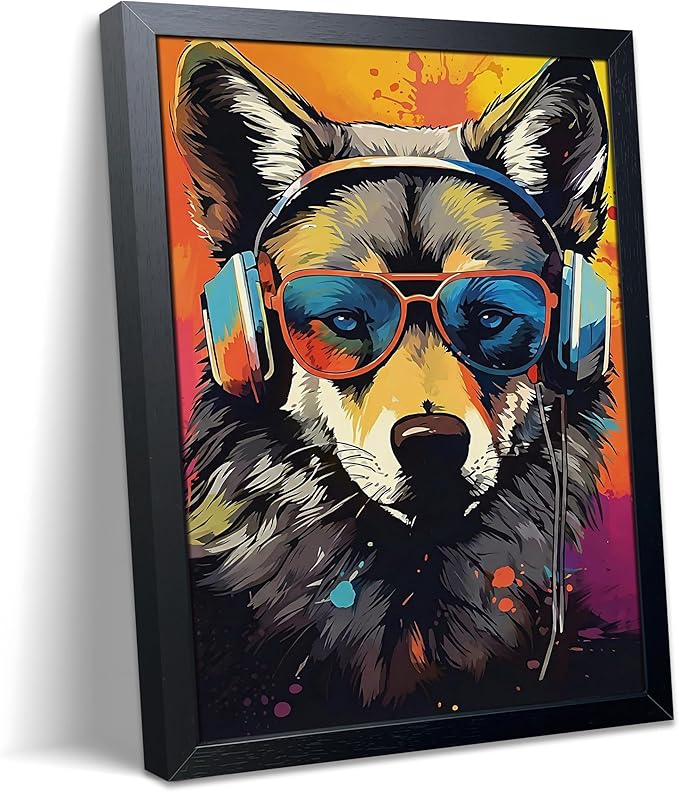 Cool Wolf Wall Art Framed Canvas Print, Wolf Wearing Sunglasses and Headphones Pop Art Poster, Vibrant Graffiti Music King Animal Painting for Boys Room Bedroom Gaming Room Home Decor 8x10 Inch