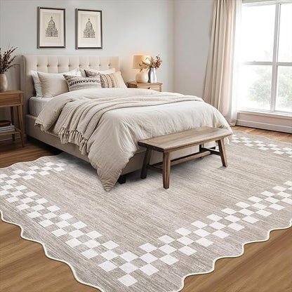 Small Bedroom Area Rug 3x5 Checkered Area Rug for Living Room Nursery Non Slip Kitchen Throw Carpet Low Pile Modern Bordered Rugs Washable Bathroom Mat Soft Brown Rugs for Laundry Entryway, Fog