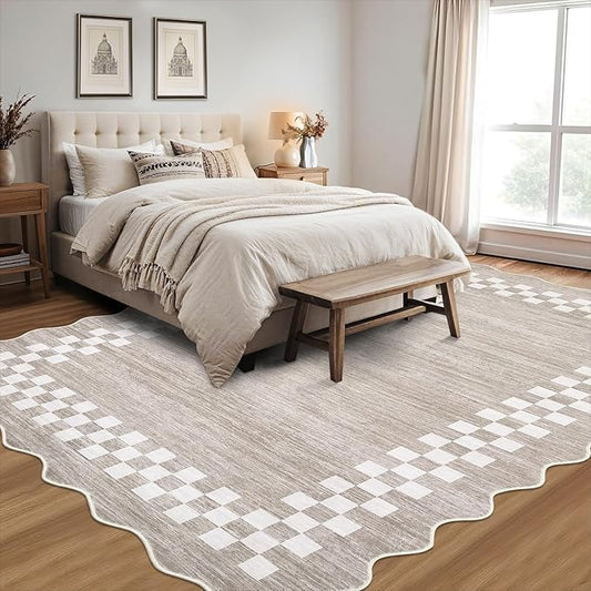 Small Bedroom Area Rug 3x5 Checkered Area Rug for Living Room Nursery Non Slip Kitchen Throw Carpet Low Pile Modern Bordered Rugs Washable Bathroom Mat Soft Brown Rugs for Laundry Entryway, Fog