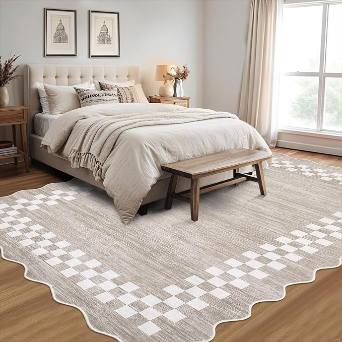 GarveeHome 10x13 Area Rug Large Living Room Scalloped Rug Non Slip Low Pile Bedroom Throw Carpet Soft Modern Bordered Dining Room Rug Stain Resistant Boho Carpet for Home Office, Fog
