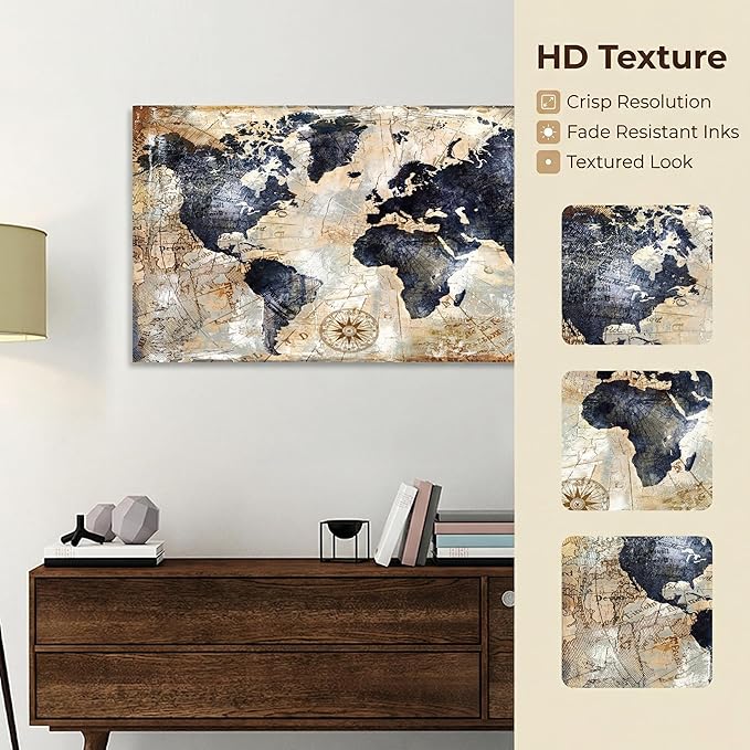 Canvas Wall Art World Map Wall Art for Office Artwork Print Picture Home Interior Decor - Map Picture for living room Office Bedroom Wall Decor Canvas Artwork 24x48inch Ready to Hang