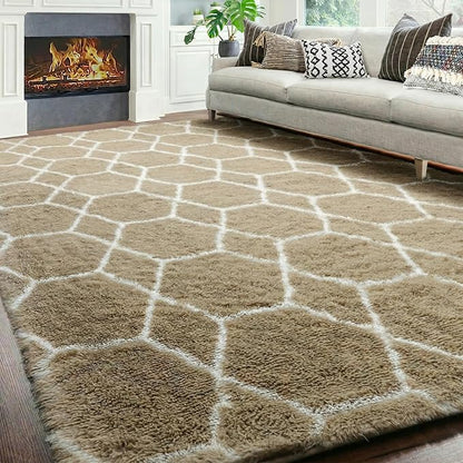 ONASAR 8x10 Area Rugs for Living Room, Fluffy Beige and White Bedroom Rug, Geometric Boho Large Soft Plush Shaggy Fuzzy Floor Carpet for Nursery Kids Classroom Playroom Dorm Home Decor