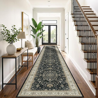 RELEANY Area Rugs 3'x20' Runner Rug Non Slip Washable for Kitchen Hallway Bedroom Beside Laundry Room Bathroom Rug, Floor Carpet, Vintage Black Brown Neutral