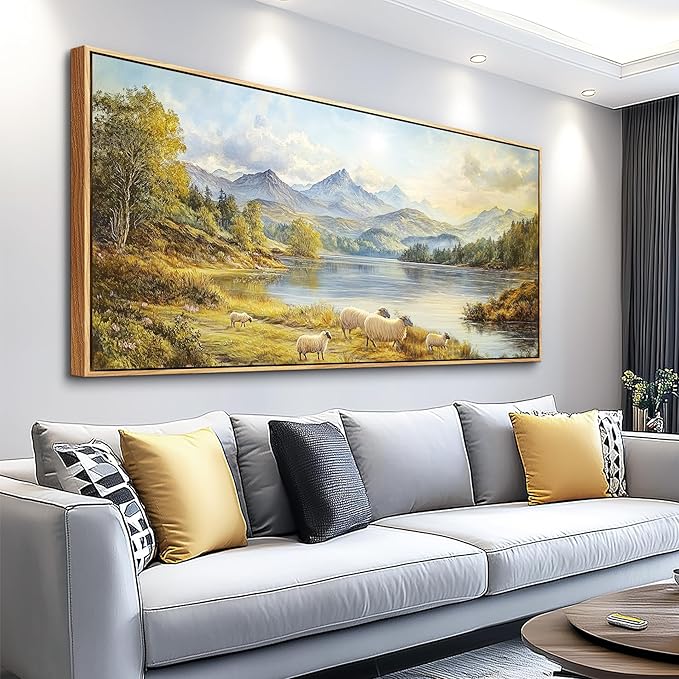 Wapluam Wall Art For Living Room,Landscape Large Framed Wall Art, Modern Farmhouse Decor,Sheep Pictures Retro Rustic Nature Canvas Art Prints Paintings For Bedroom Kitchen Office Decorations 30x60 IN