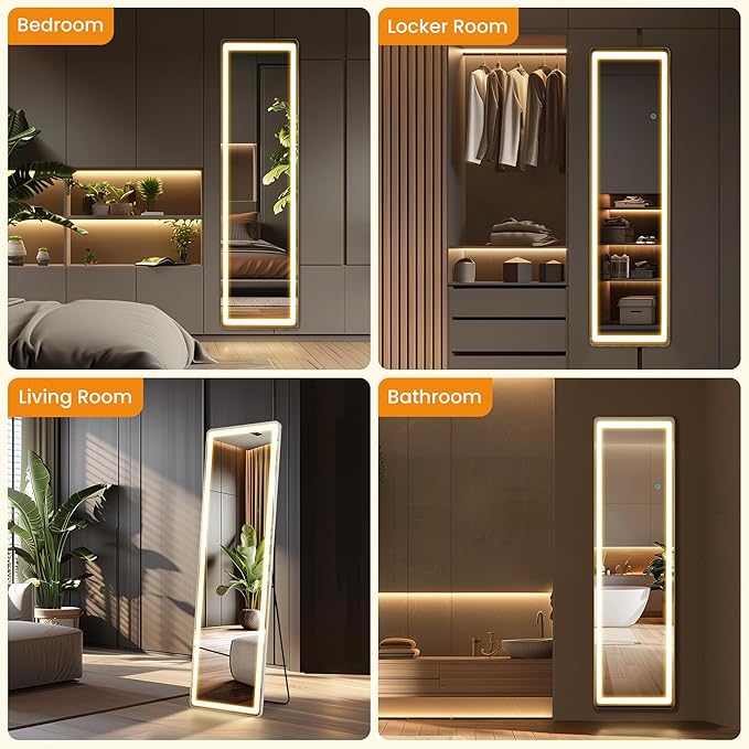 Full Length Mirror with Stand 16"×60", Upgraded Full Body Mirrors with LED Light 3 Color Lighting, Floor Standing, Hanging or Leaning Modern Simple Home Wall Decor, White