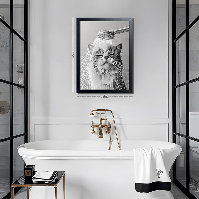 XYHYRA Cute Cat Bathroom Decor Funny Animal Bathroom Wall Art Cat Bathing Wall Decor Poster Painting Black and White Canvas Print Artwork Modern Farmhouse Restroom Home Decoration 16x24 Inch Wood Framed