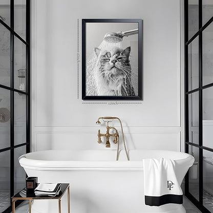 XYHYRA Cute Cat Bathroom Decor Funny Animal Bathroom Wall Art Cat Bathing Wall Decor Poster Painting Black and White Canvas Print Artwork Modern Farmhouse Restroom Home Decoration 16x24 Inch Wood Framed