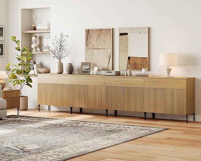 WAMPAT Large Fluted TV Stand TVs up to 120 inch, 126" W Modern TV Entertainment Center with Storage Cabinets and 4 Drawers & 8 Doors, Wood Media TV Console Table with Storage for Living Room, Oak