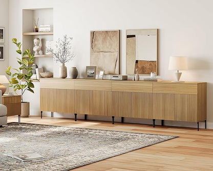 WAMPAT Large Fluted TV Stand TVs up to 120 inch, 126" W Modern TV Entertainment Center with Storage Cabinets and 4 Drawers & 8 Doors, Wood Media TV Console Table with Storage for Living Room, Oak