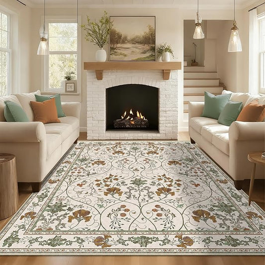 5x7 Floral Area Rug Washable Vintage Non Slip Girls Bedroom Rug, Soft Low Pile Stain Resistant Rugs for Dining Living Room,Beige White
