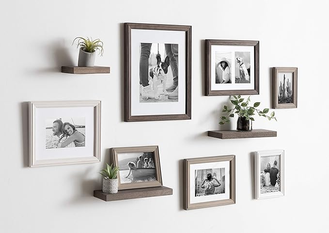 Kate and Laurel Bordeaux Gallery Wall Frame and Shelf Kit, Set of 10, Multicolored with Whitewash, Charcoal Gray, and Farmhouse Gray, Assorted Size Frames and Three Display Shelves