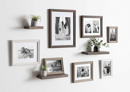 Kate and Laurel Bordeaux Gallery Wall Frame and Shelf Kit, Set of 10, Multicolored with Whitewash, Charcoal Gray, and Farmhouse Gray, Assorted Size Frames and Three Display Shelves