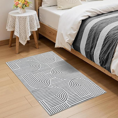 Washable Rug 2x3 Area Rugs for Entryway, Abstract Rug for Bedroom, Soft Rainbow Non Slip Small Area Rug with Rubber Back, Low Pile Stain Resistant Boho Geometric Carpet for Dining Room, Blackwhite