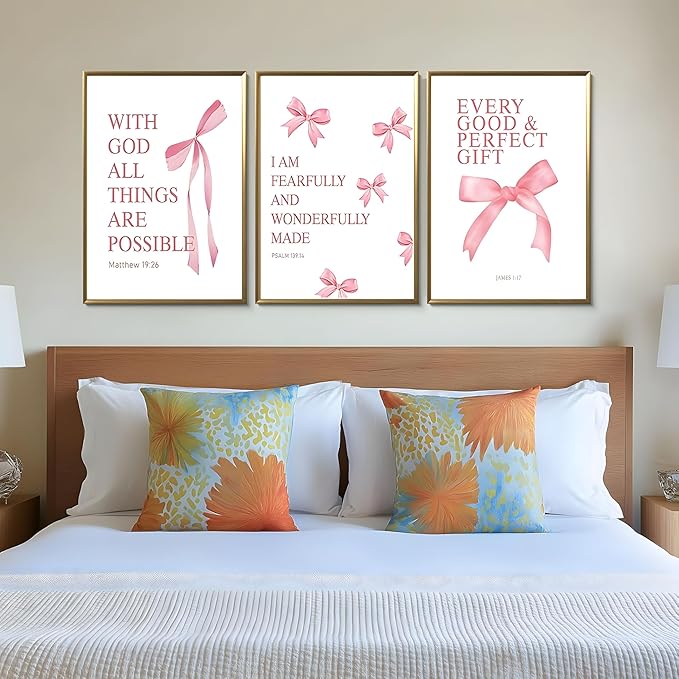 JBZDD Coquette Pink Bow Wall Art Decor Posters Set of 3, Inspirational Bible Verses Pictures Prints Coquette Aesthetic for Girls Room College Apartment Living Room Bedroom Unframed 16x24 In