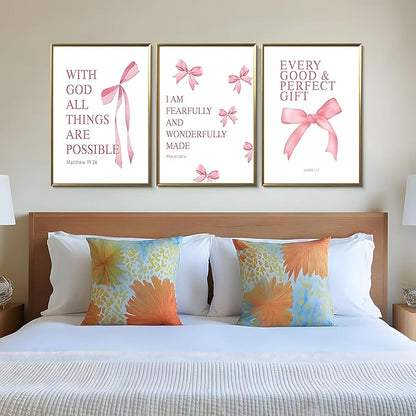 JBZDD Coquette Pink Bow Wall Art Decor Posters Set of 3, Inspirational Bible Verses Pictures Prints Coquette Aesthetic for Girls Room College Apartment Living Room Bedroom Unframed 16x24 In