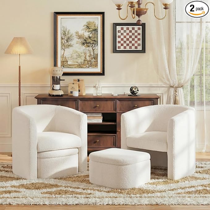 COLAMY Morden Velvet Barrel Accent Chair with Storage Ottoman Set of 2, Upholstered Living Room Side Chair, Single Sofa Armchair with Lounge Seat for Bedroom/Office/Reading Spaces, Cream