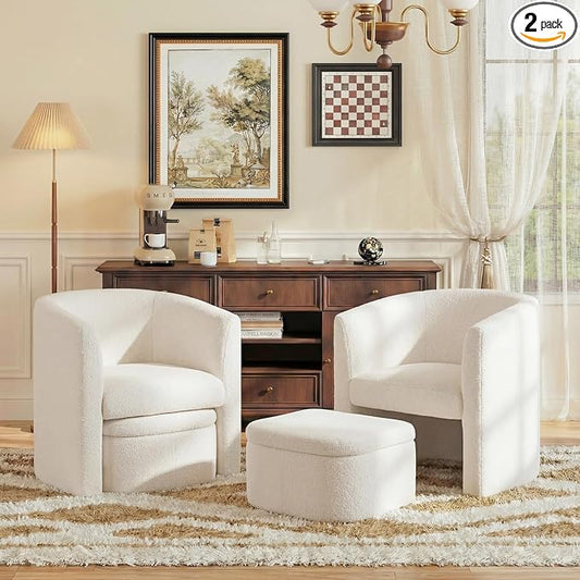 COLAMY Morden Velvet Barrel Accent Chair with Storage Ottoman Set of 2, Upholstered Living Room Side Chair, Single Sofa Armchair with Lounge Seat for Bedroom/Office/Reading Spaces, Cream