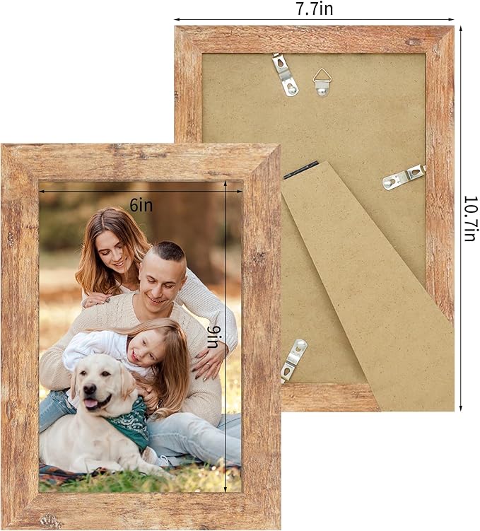 iRahmen 6x9 Picture Frame Set of 2, Rustic Brown Frame with High Definition Glass, 6 x 9 Wood Rustic Photo Frames for Horizontal or Vertical Table Top and Wall Mounting