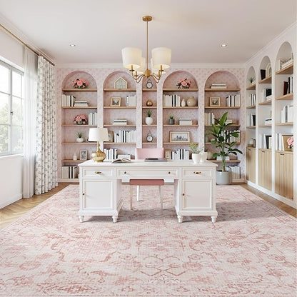 Pink Extra Large Area Rug 10x14 for Living Room, Distressed Washable Rug for Dining Room Bedroom, Anti-Slip Low-Pile and Soft Accent Rug Farmhouse Office Home Decor