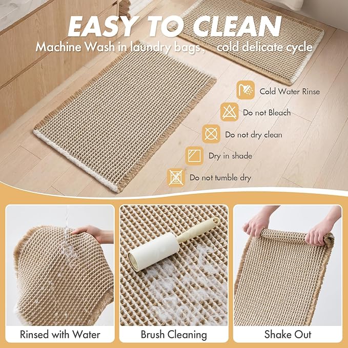 MIULEE Set of 2 Waffle Bathroom Rugs, Boho Bath Rugs Non Slip Washable, Super Absorbent Bath Mats, Ultra Soft Rubber Backed Shower Mats for Bathroom Floor, Tub, Brown & White, 17"x24"+18"x30"