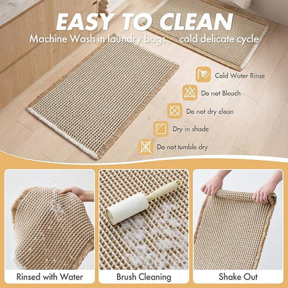 MIULEE Set of 2 Waffle Bathroom Rugs, Boho Bath Rugs Non Slip Washable, Super Absorbent Bath Mats, Ultra Soft Rubber Backed Shower Mats for Bathroom Floor, Tub, Brown & White, 17"x24"+18"x30"