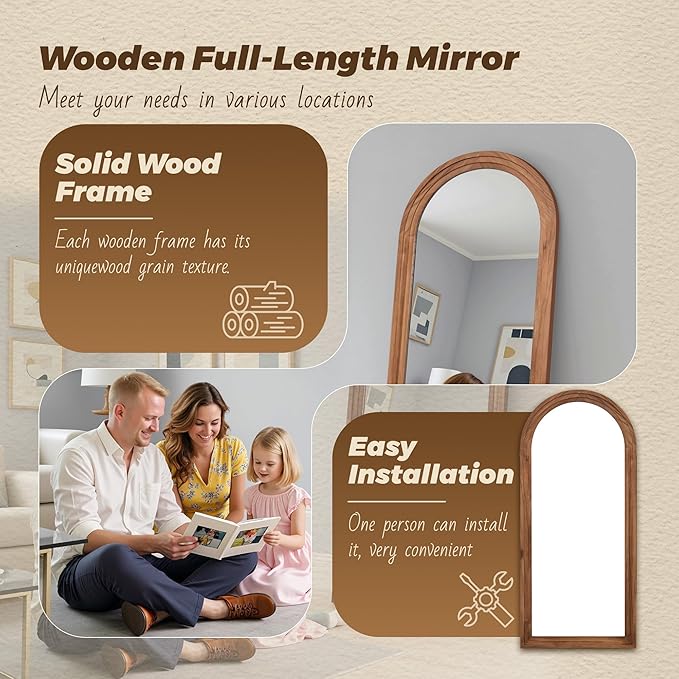 Antok Full Length Mirror with Solid Wood Frame, 71"×32" Wall Mounted Oversized Floor Mirror with Stand, Leaning Standing Hanging for Bedroom Living Room Entryway, Browm, Arched Syle