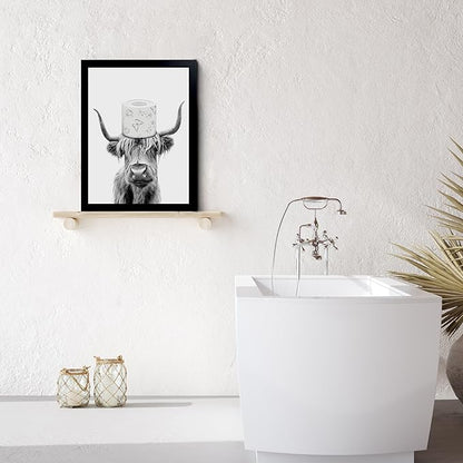 Toilet Paper On Head,Black Framed Funny Animal Prints, Vintage Black and White Rustic Style Cute Bathroom Cow Canvas Art Poster for Bathroom Restroom Decoration, Farmhouse Wall Decor
