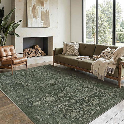 Rugxara 6x9 Area Rugs for Living Room Bedroom, Large Washable Rug, Green Vintage Floral Boho Style, Non Slip & Low Pile Carpet for Indoor Dining Room, Dorm and Kids Room(Green 6x9ft)