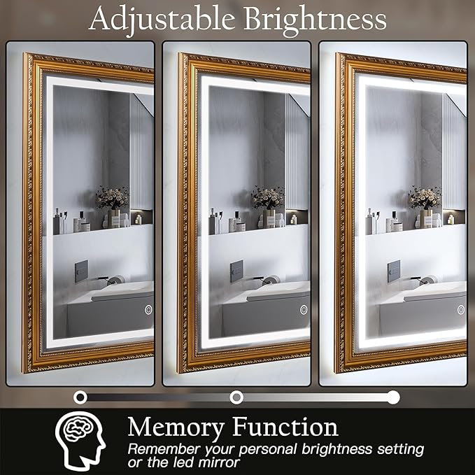 ROLOVE 23x35 Inch Gold Vintage Mirror for Wall Decor, Ornate Baroque Waterproof Frame, Antique Wall Mirror with Lights, Anti-Fog, Plug-in/Hardwired, Rectangle LED Mirror for Bathroom Vanity, Entryway
