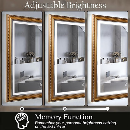 ROLOVE 23x35 Inch Gold Vintage Mirror for Wall Decor, Ornate Baroque Waterproof Frame, Antique Wall Mirror with Lights, Anti-Fog, Plug-in/Hardwired, Rectangle LED Mirror for Bathroom Vanity, Entryway