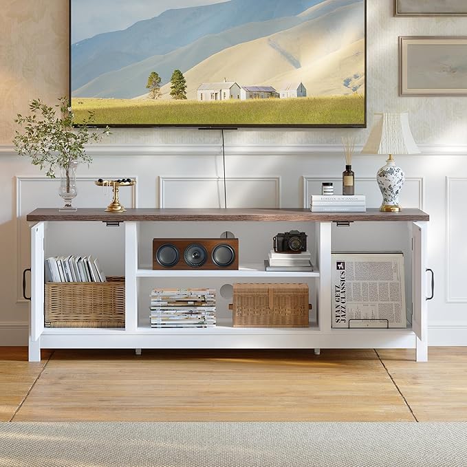 ChooChoo 54" Farmhouse TV Stand for TVs up to 65 inches, Entertainment Center with Storage Cabinets, Open Shelves and Fluted Door, TV Console Table for Living Room, Bedroom, White