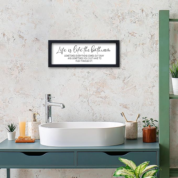 Life Is Like The Bathroom Sign Funny Motivational Quote Wall Decor 16"×6" Small Wood Framed for Bathroom Restroom Wall Hanging Art (Black)