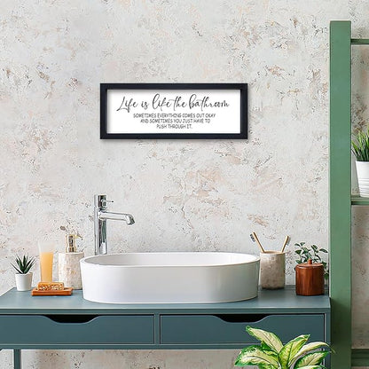 Life Is Like The Bathroom Sign Funny Motivational Quote Wall Decor 16"×6" Small Wood Framed for Bathroom Restroom Wall Hanging Art (Black)