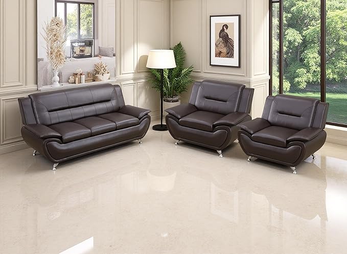 Living Room Sofa Set, Faux Leather Couches, Living Room Furniture Sets, Brown Sofa and 2 Chairs for Bedroom, Apartment, Rv Car, Office