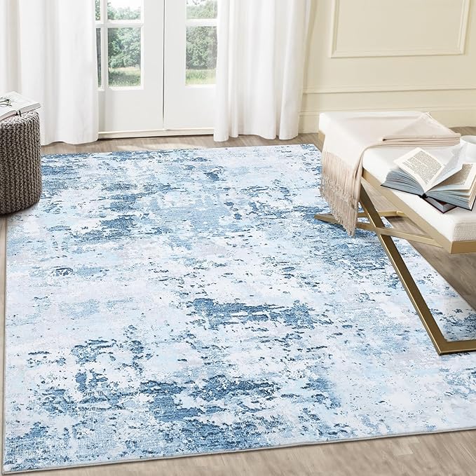 ROYHOME 9x12 Modern Abstract Accent Rug for Living Room Stain Resistant Non Slip Low Pile Accent Bedroom Rug Indoor Floor Cover for Office Home Decor, Blue